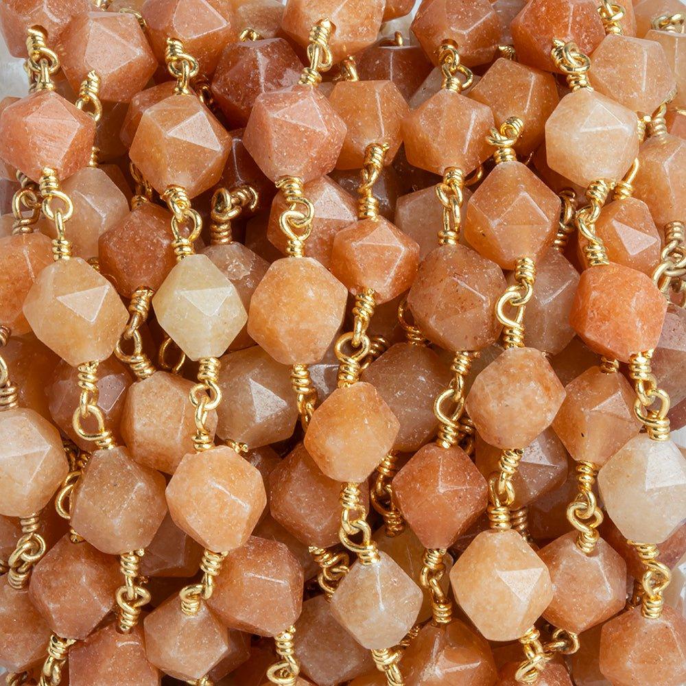 8x7mm Peach Aventurine Star Cut Faceted Round Gold Chain by the Foot 20 Pieces - The Bead Traders