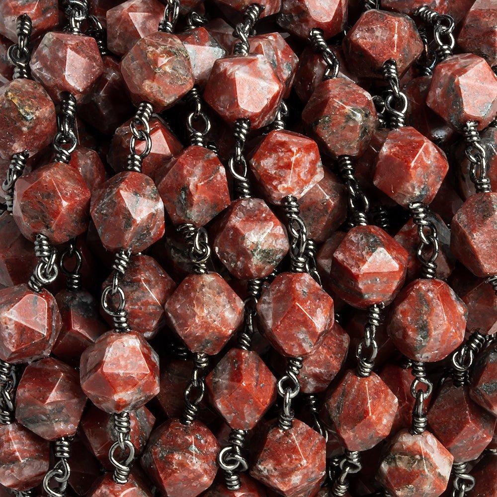 8x7mm Red Jasper Star Cut Faceted Round Black Gold Chain by the Foot 20 pieces - The Bead Traders
