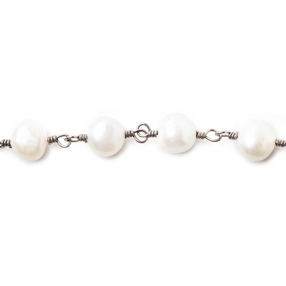 8x7mm White Baroque Side Drill Pearl Black Gold plated Chain by the foot 21 pieces - The Bead Traders