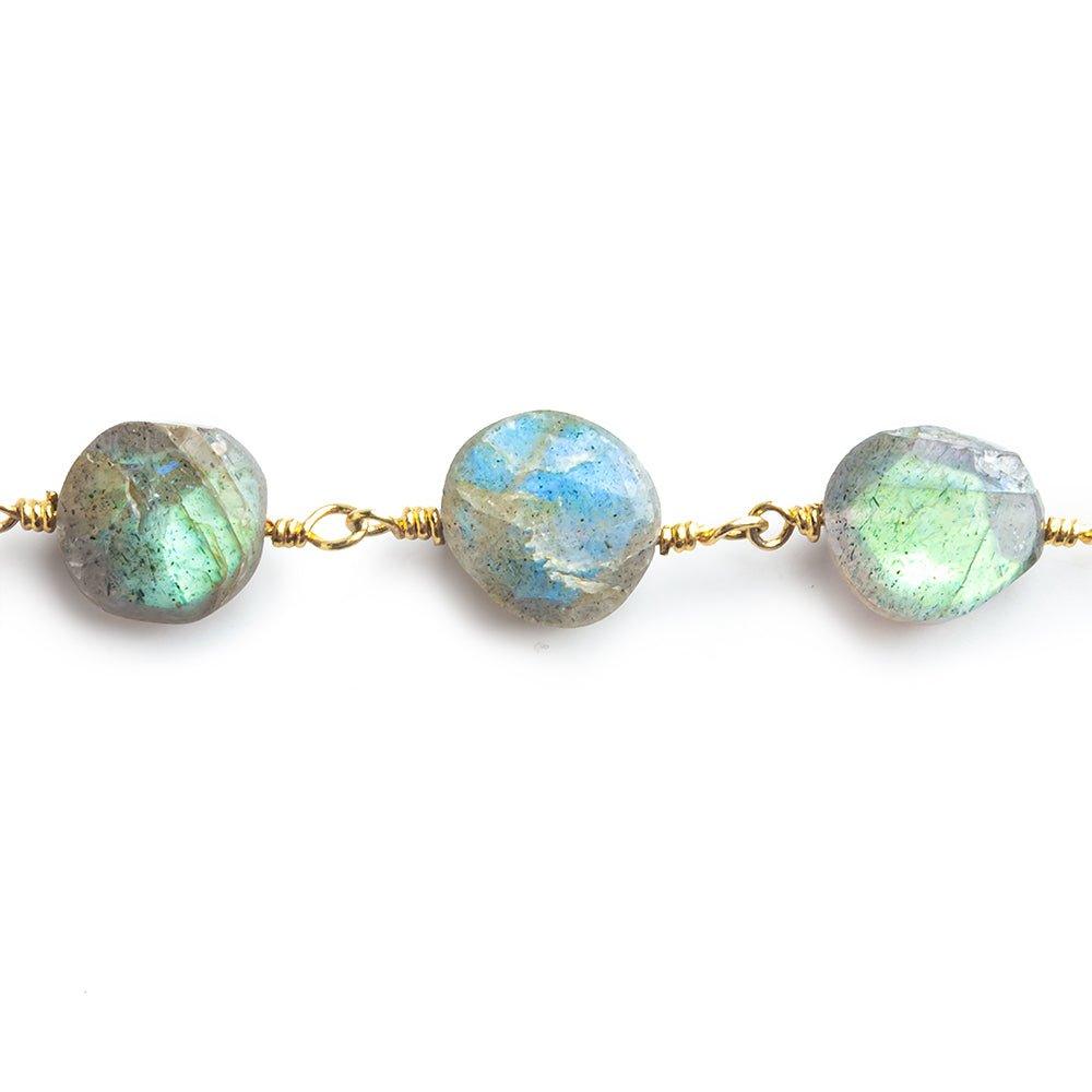 9mm-10.5mm Labradorite Faceted Coin Gold Chain by the Foot 18 pieces - The Bead Traders