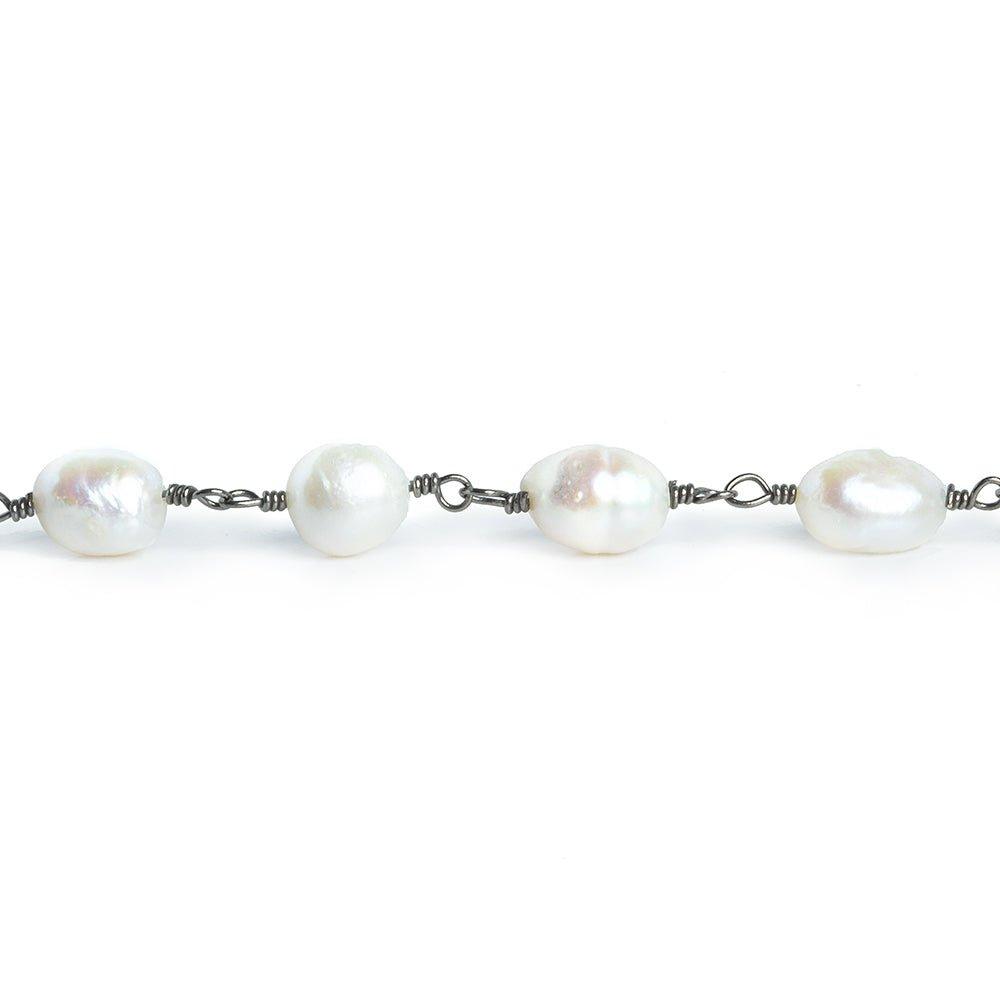 9x8mm-11x9mm White Baroque Freshwater Pearl Black Gold plated Chain by the Foot 19 Pieces - The Bead Traders