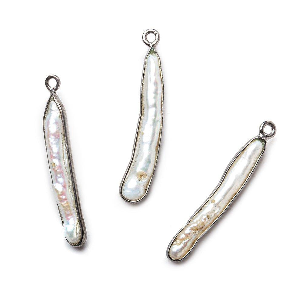 Black Gold Bezel White Biwa Freshwater Pearl Pendant 1 focal bead 21x6mm approximate - The Bead Traders