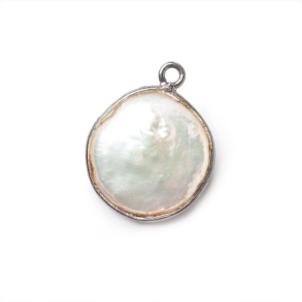 Black Gold Bezel White Coin Freshwater Pearl Pendant 1 focal bead 15mm approximate - The Bead Traders