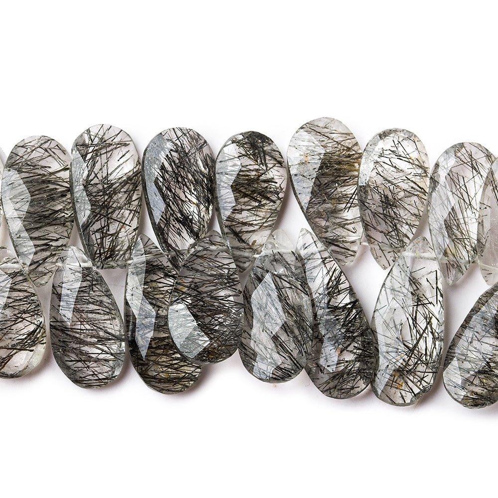 Black Tourmalinated Quartz faceted pears 8 inch 61 beads 14x5mm average - The Bead Traders