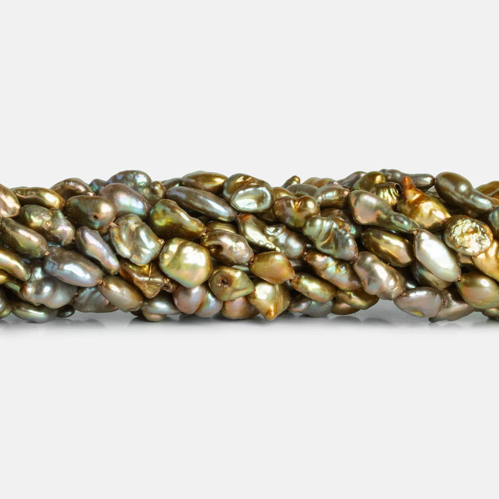Brassy Pistachio Peacock Keshi Straight-Drilled Pearls 15 inch 35 pieces - The Bead Traders