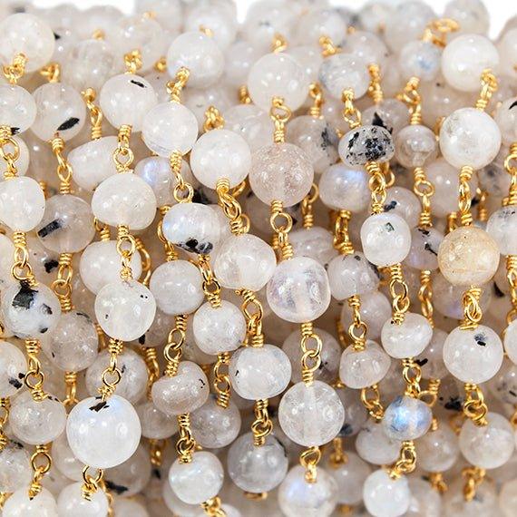 Dalmation Rainbow Moonstone round Gold Rosary Chain by the foot 33 beads - The Bead Traders