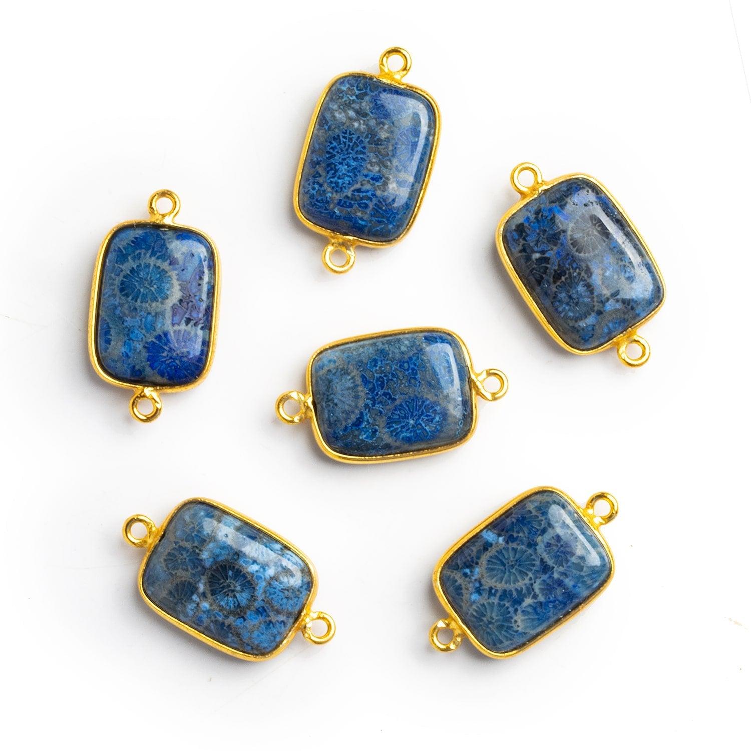 Fossilized Blue Coral Gold Bezel Rectangle Connector 1 bead - The Bead Traders