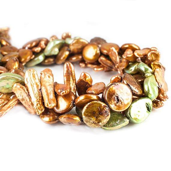 Golden and Green Multi Shape Freshwater Pearl Lot of 4 strands - The Bead Traders