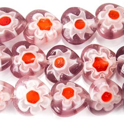 Multi Color Purple Millefiori Straight Drilled Plain Heart Glass Beads - The Bead Traders