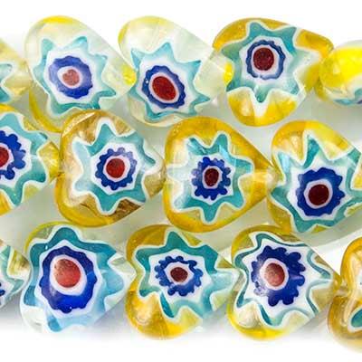 Multi Color Yellow Millefiori Straight Drilled Plain Heart Glass Beads - The Bead Traders