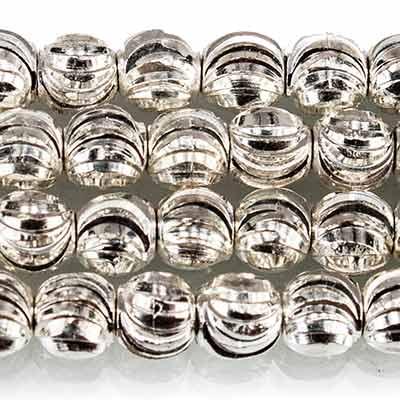 Sterling Silver Plated Brass Round 4mm Bead Corrugated Waves, 8" length, 54 pcs - The Bead Traders