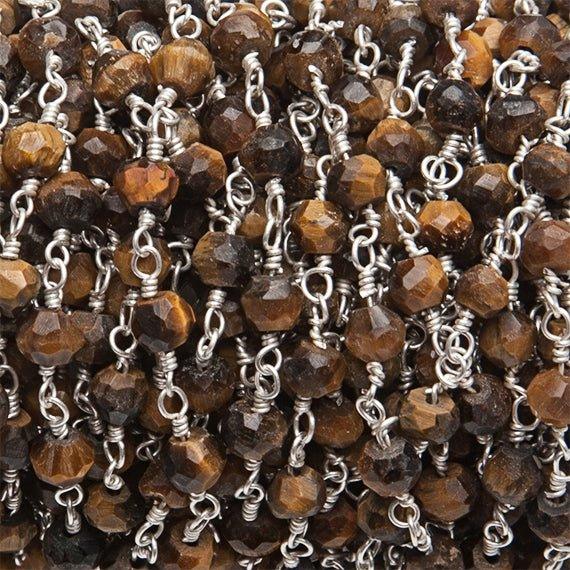 Tiger Eye faceted round Silver plated Wire Wrapped Rosary Chain by the foot - The Bead Traders