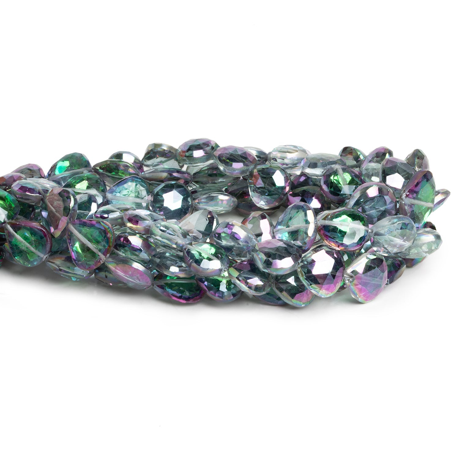 10 - 13mm Mystic White Topaz Faceted Hearts 9 inch 20 beads - The Bead Traders