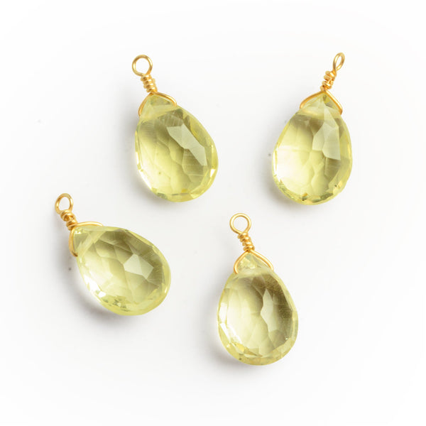 10x7mm Lemon Quartz Wire-Wrapped Pear Pendants 4 beads