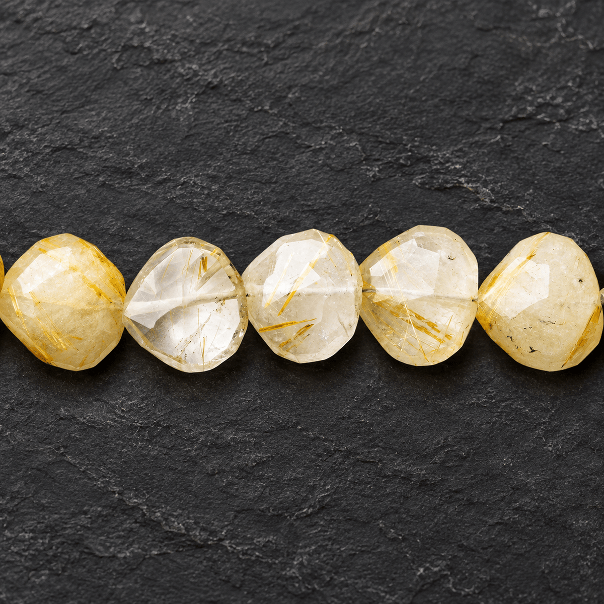 11-12mm Golden Rutilated Quartz straight drill faceted hearts 14 inch 40 beads - The Bead Traders