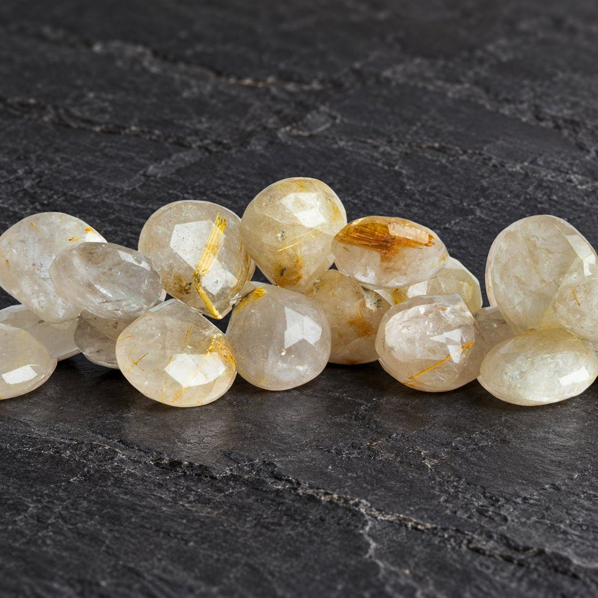 11-13mm Golden Rutilated Quartz Hearts 8 inch 41 beads - The Bead Traders