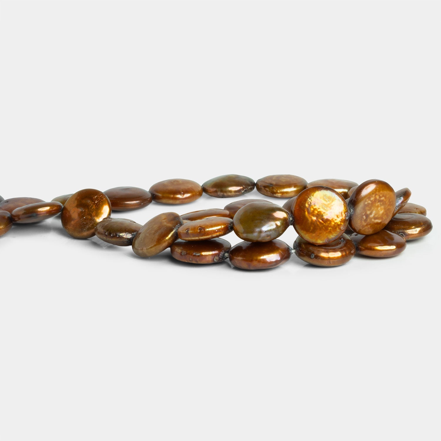 11 - 14mm Brassy Coin Pearls 15 inch 31 beads - The Bead Traders