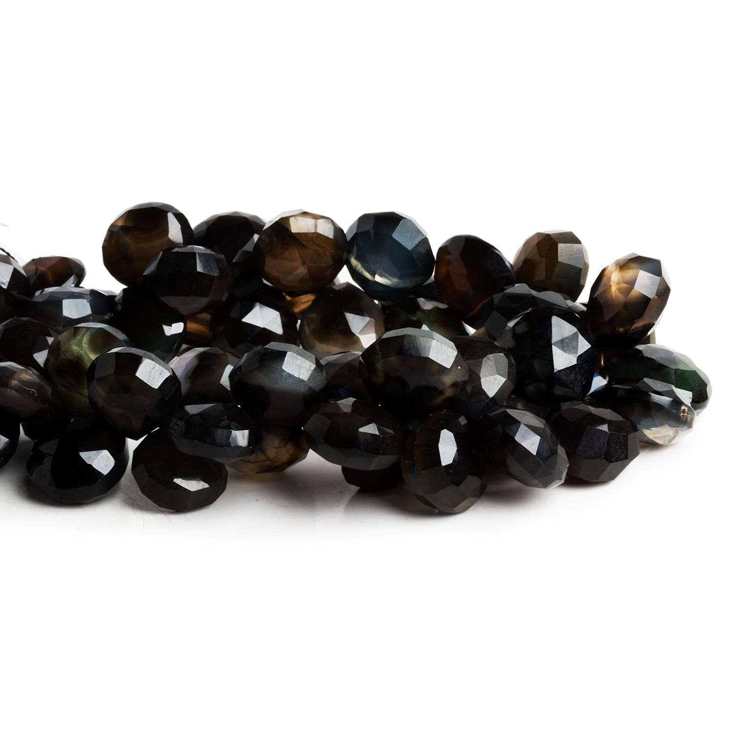 11 - 15mm Black, White & Brown Agate Faceted Hearts 8 inch 40 beads - The Bead Traders