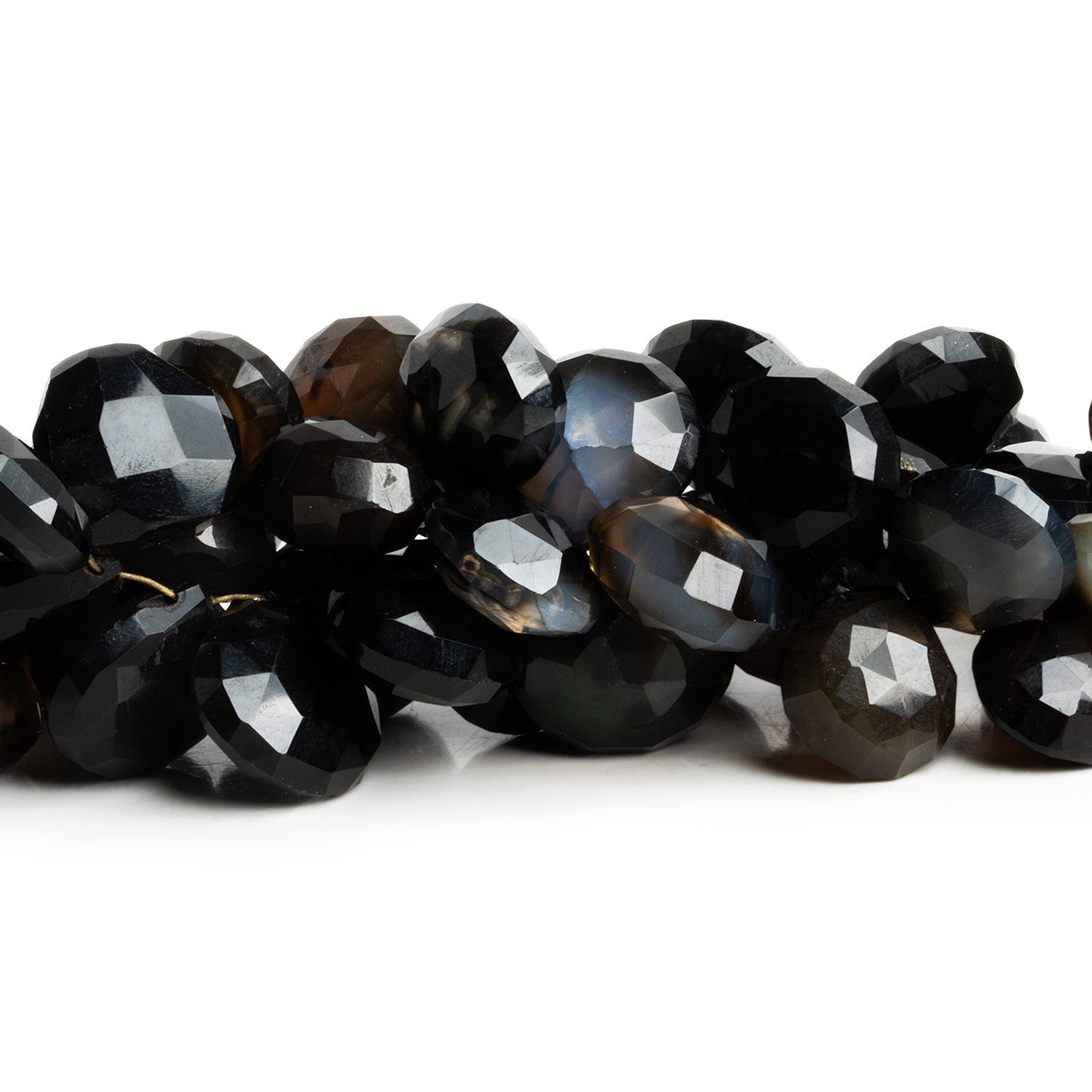 11 - 15mm Black, White & Brown Agate Faceted Hearts 8 inch 40 beads - The Bead Traders