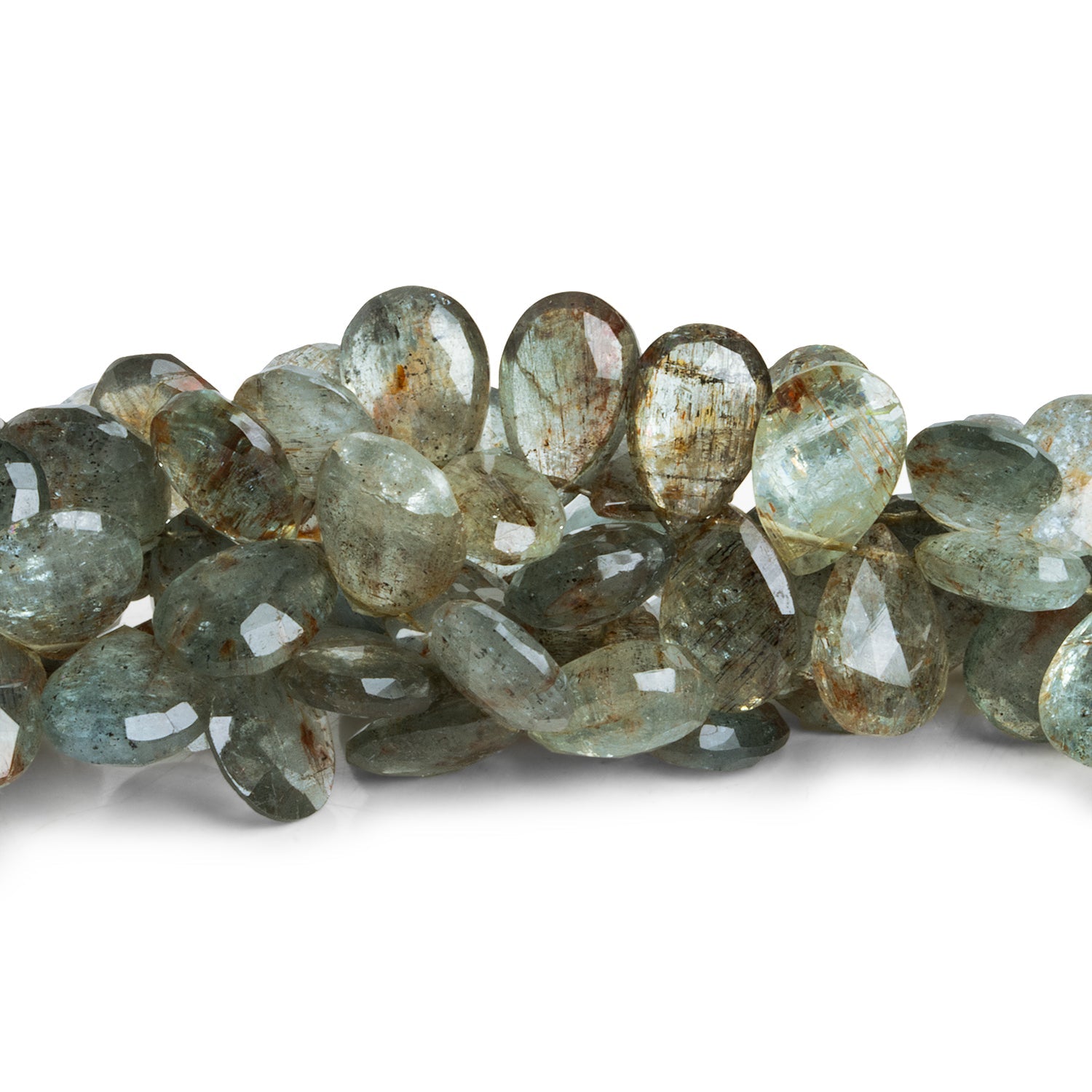 11x8mm Tourmalinated Moss Aquamarine Faceted Pears 8 inch 51 beads - The Bead Traders