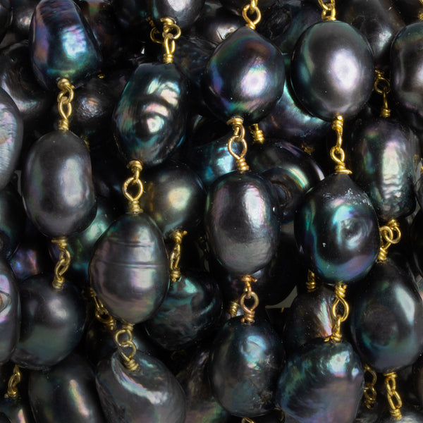12x8mm Peacock Baroque Pearl Gold Chain 18 beads