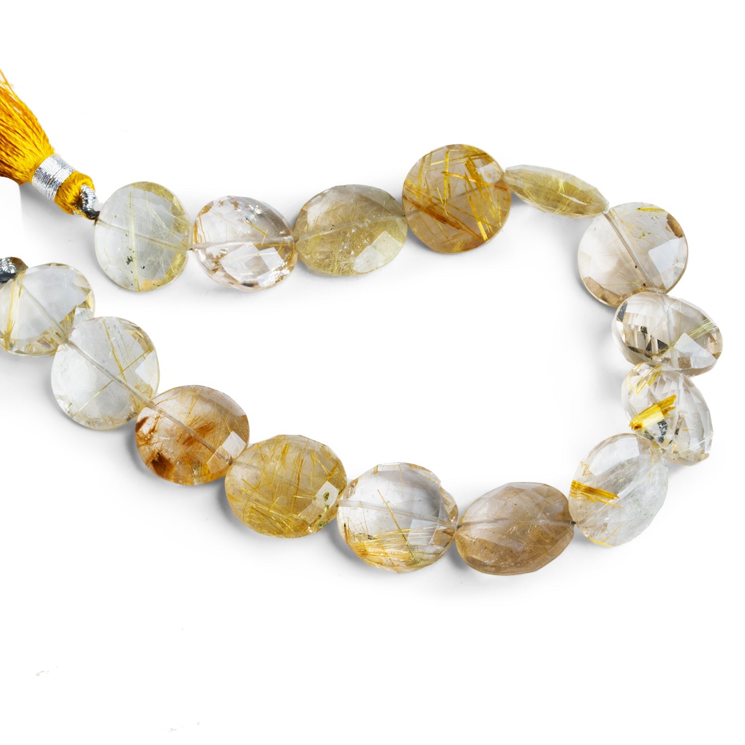 13 - 15mm Golden Rutilated Quartz Faceted Coins 8 inch 13 beads - The Bead Traders