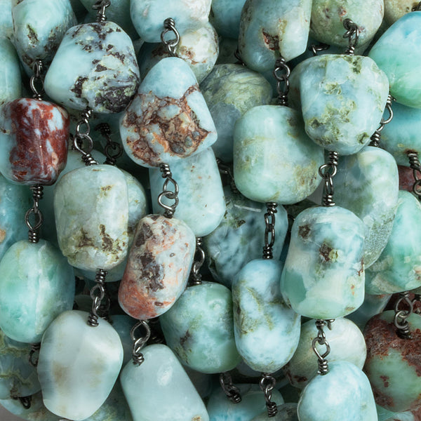 13x10mm Larimar Plain Nugget Black Gold Chain 17 beads