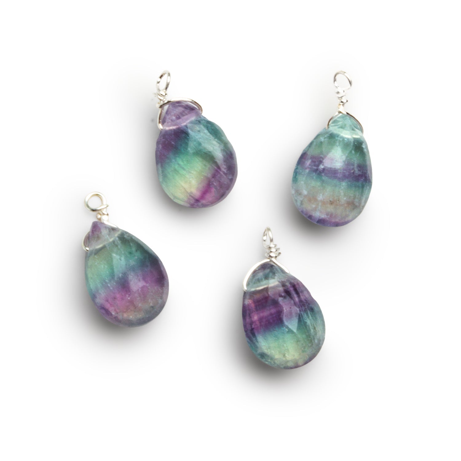 13x7mm Fluorite Pear Silver Wire-Wrapped Pendants 4 Beads - The Bead Traders
