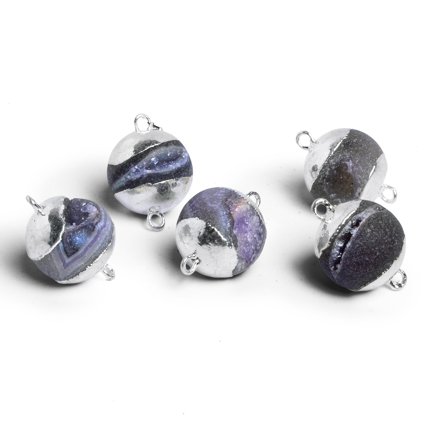14mm Silver Leafed Drusy Round Connector 1 Bead - The Bead Traders