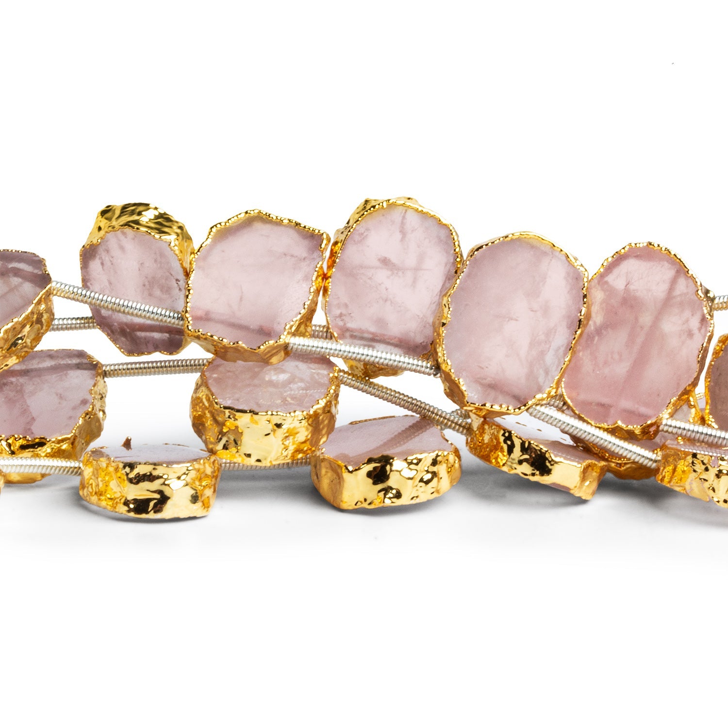 14x10mm Gold Leafed Rose Quartz Top - Drilled Slices 7.5 inch 11 beads - The Bead Traders