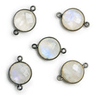15mm Black Gold .925 Corrugated Bezel Rainbow Moonstone Coin 2 ring Connector 1 pc - The Bead Traders