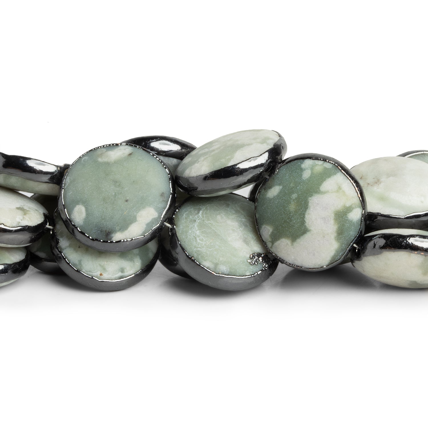 16mm Black Gold Leafed Jasper Plain Coins 5.5 inch 9 beads - The Bead Traders