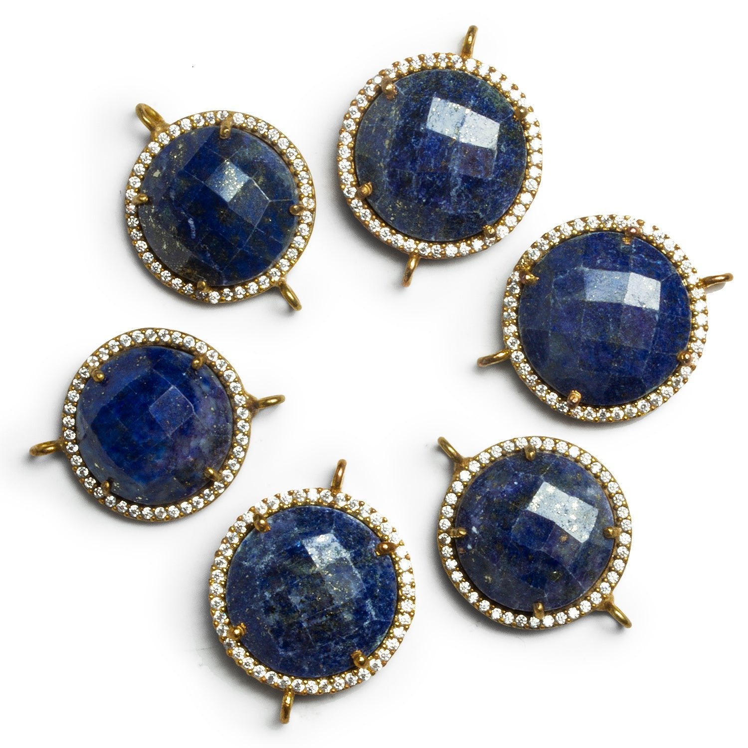 17mm Vermeil Bezeled Lapis Lazuli Coin CZ Pavé Halo Conenctor 1 Bead - The Bead Traders