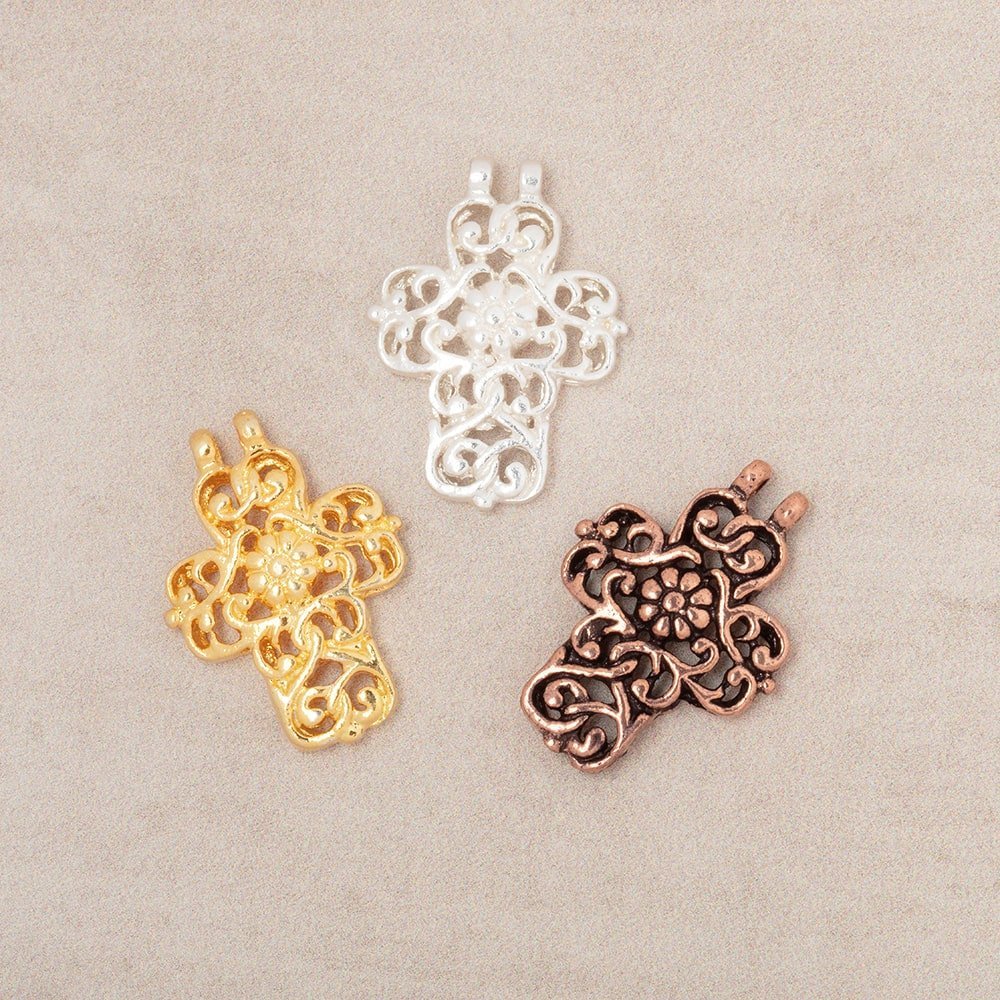 17x14.5mm Filigree Cross Two Ring Pendant Charm Set of 4 pieces - The Bead Traders