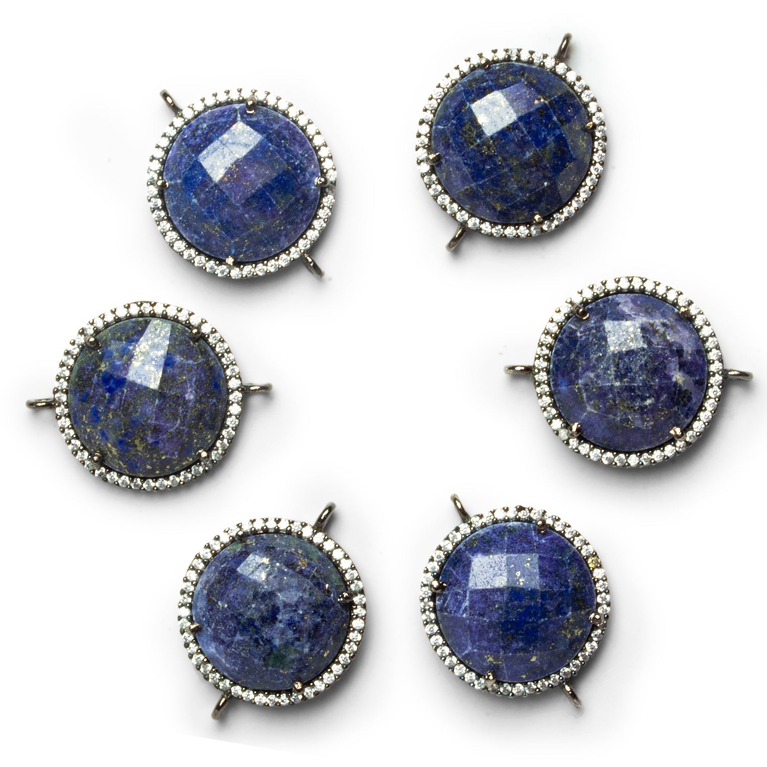 18mm Black Gold Bezeled Lapis Lazuli Coin CZ Pavé Halo Connector 1 Bead - The Bead Traders