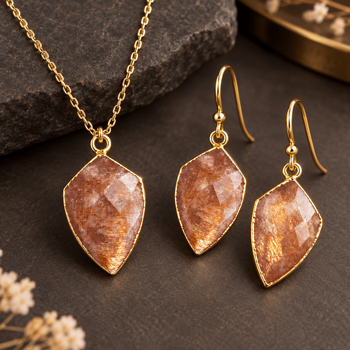 18x12mm Gold Leafed Sunstone Shield Pendant 1 Bead - The Bead Traders