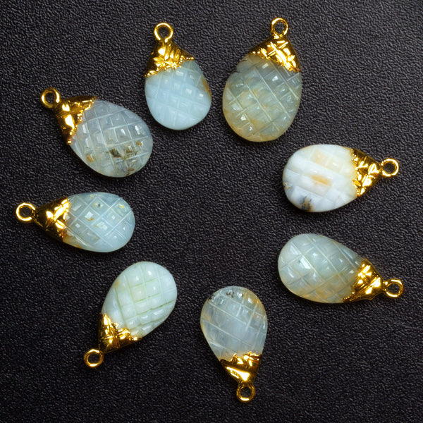 19x11mm Gold Leafed Blue Peruvian Opal Carved Pear Pendant