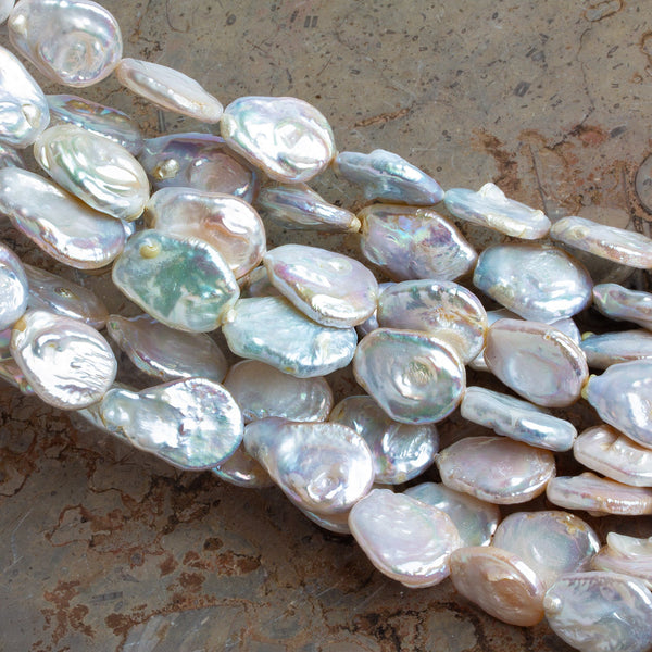 20x15mm White Flat Oval Coin Pearls 15 inch 19 beads