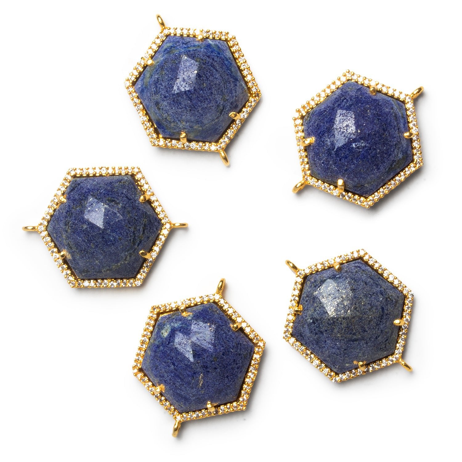 21mm Vermeil Bezeled Lapis Lazuli Hexagon CZ Pavé Halo Connector 1 Bead - The Bead Traders