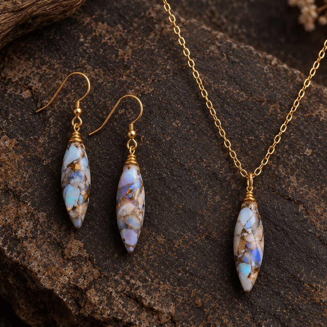 21x5mm Mosaic Australian Opal Wire-Wrapped Rice Pendant 1 Bead - The Bead Traders