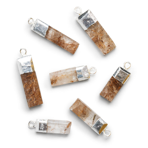 24x7mm Silver Leafed Rutilated Quartz Faceted Bar Pendant 1 Bead