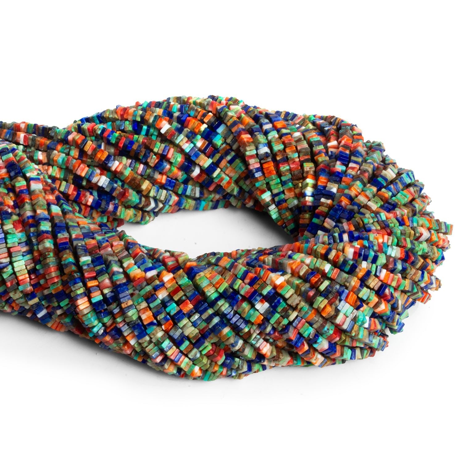 2.5mm Spiny Oyster, Lapis Lazuli & Turquoise Square Heishis 14 inch 320 beads - The Bead Traders