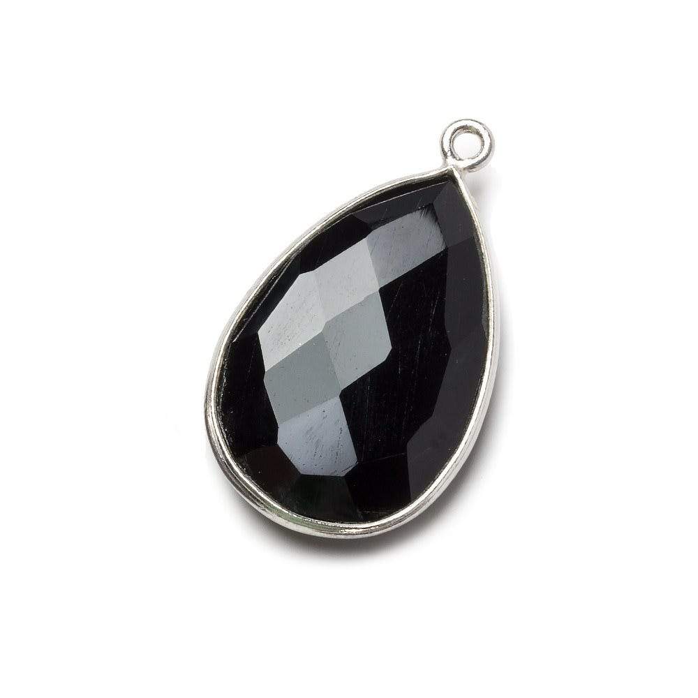 26x17mm Silver Bezeled Black Chalcedony faceted pear Pendant 1 bead - The Bead Traders