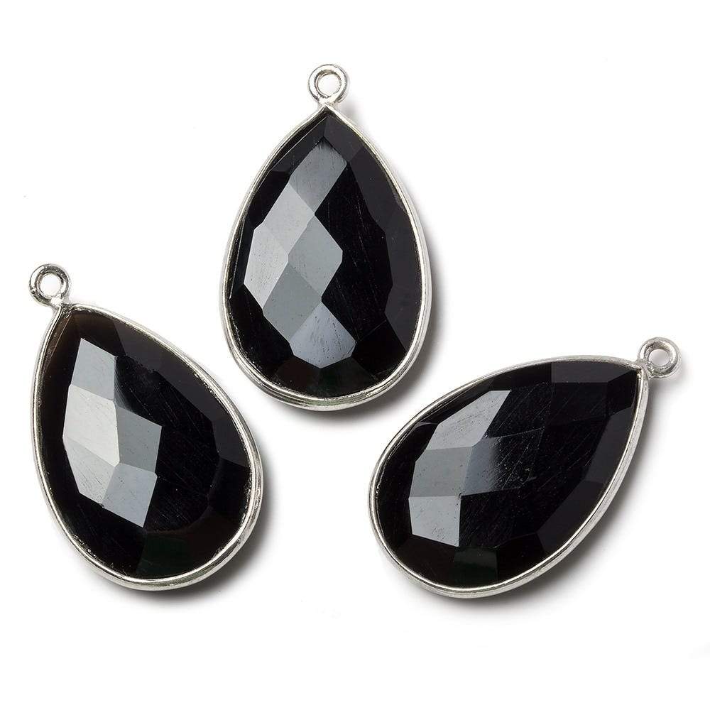 26x17mm Silver Bezeled Black Chalcedony faceted pear Pendant 1 bead - The Bead Traders