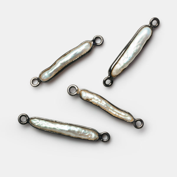 26x4mm Black Gold Bezeled White Biwa Connectors Set of 4 beads