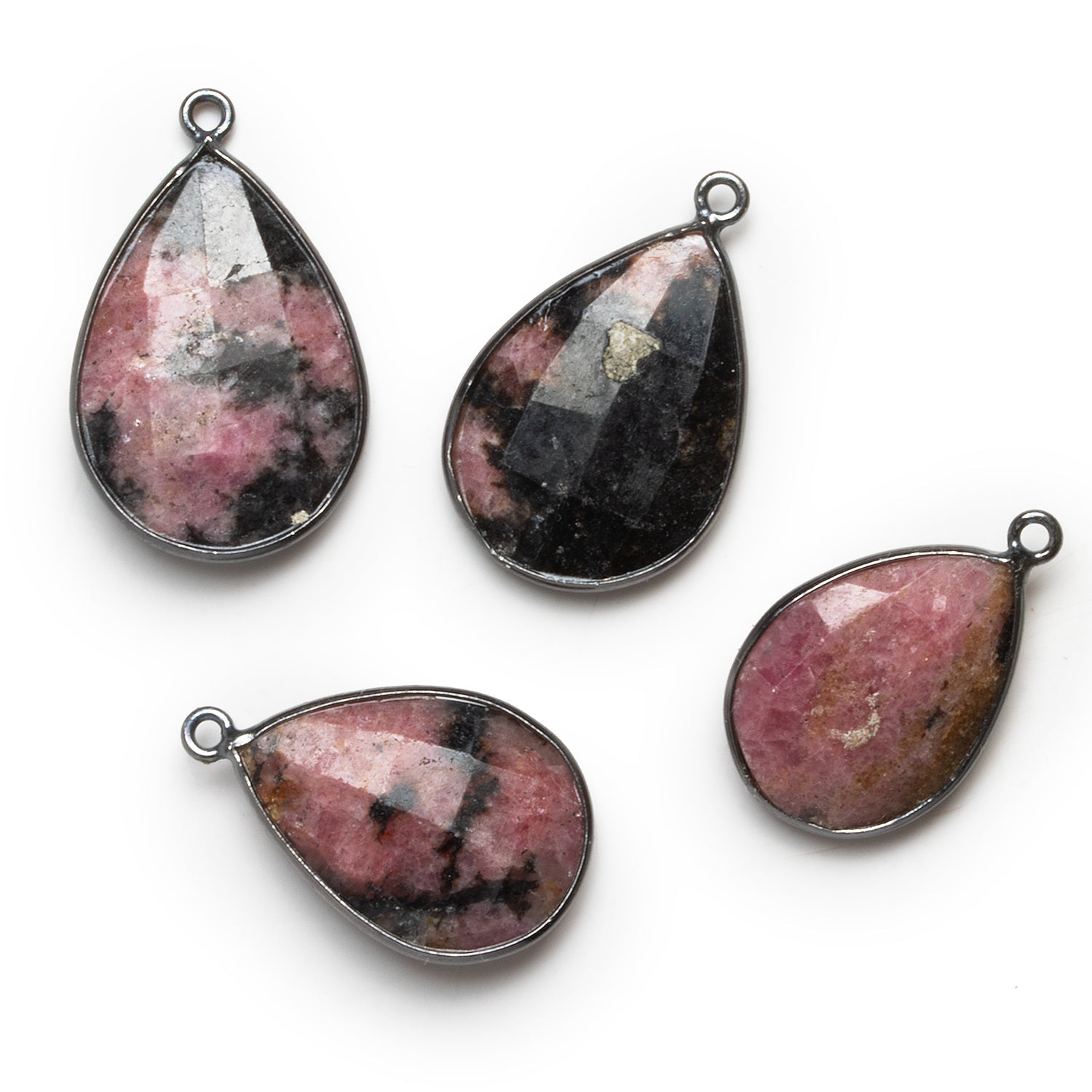 27x17mm Black Gold Bezeled Rhodonite Faceted Pear Pendant - The Bead Traders