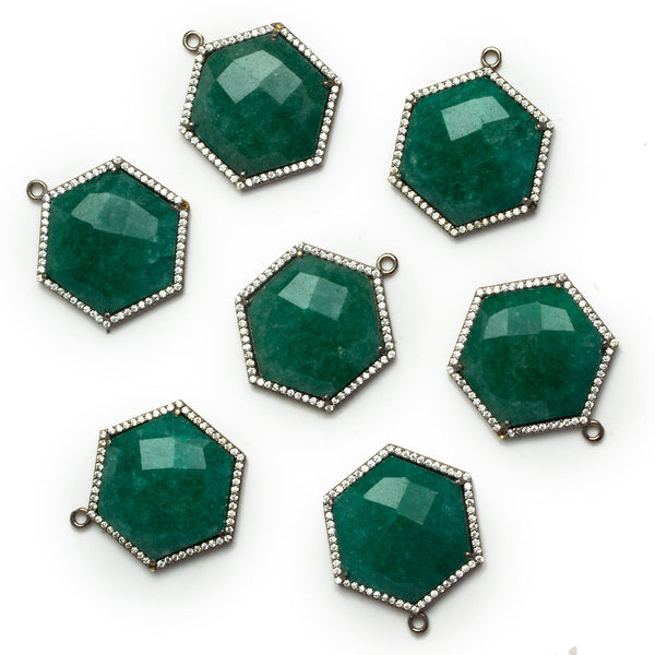27x21mm Black Gold Bezeled Green Aventurine Hexagon CZ Pavé Halo Pendant 1 Bead