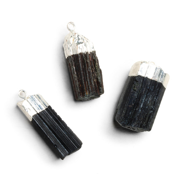 28x12mm Silver Leafed Black Tourmaline Natural Crystal Pendant