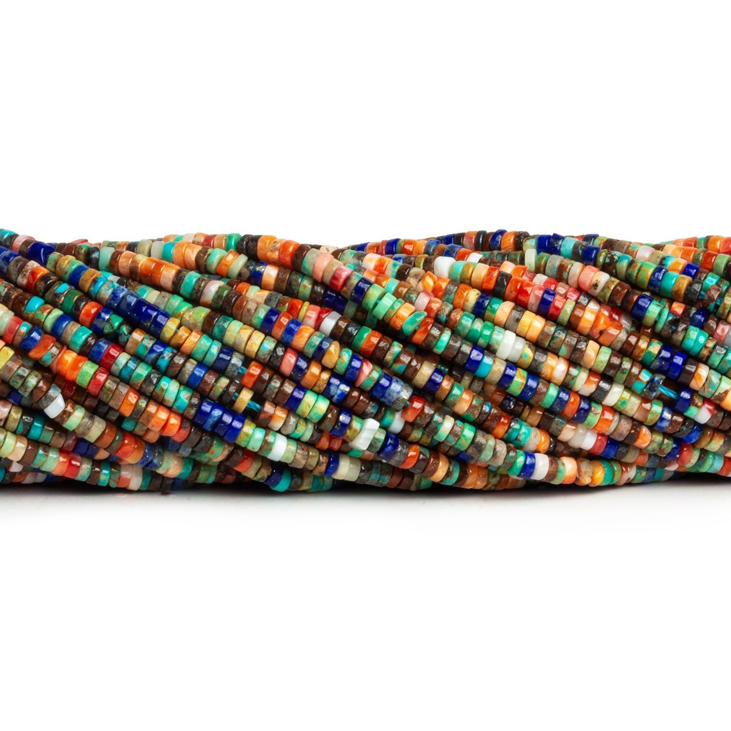 2mm Spiny Oyster, Lapis Lazuli & Turquoise Heishis 15 inch 370 beads - The Bead Traders