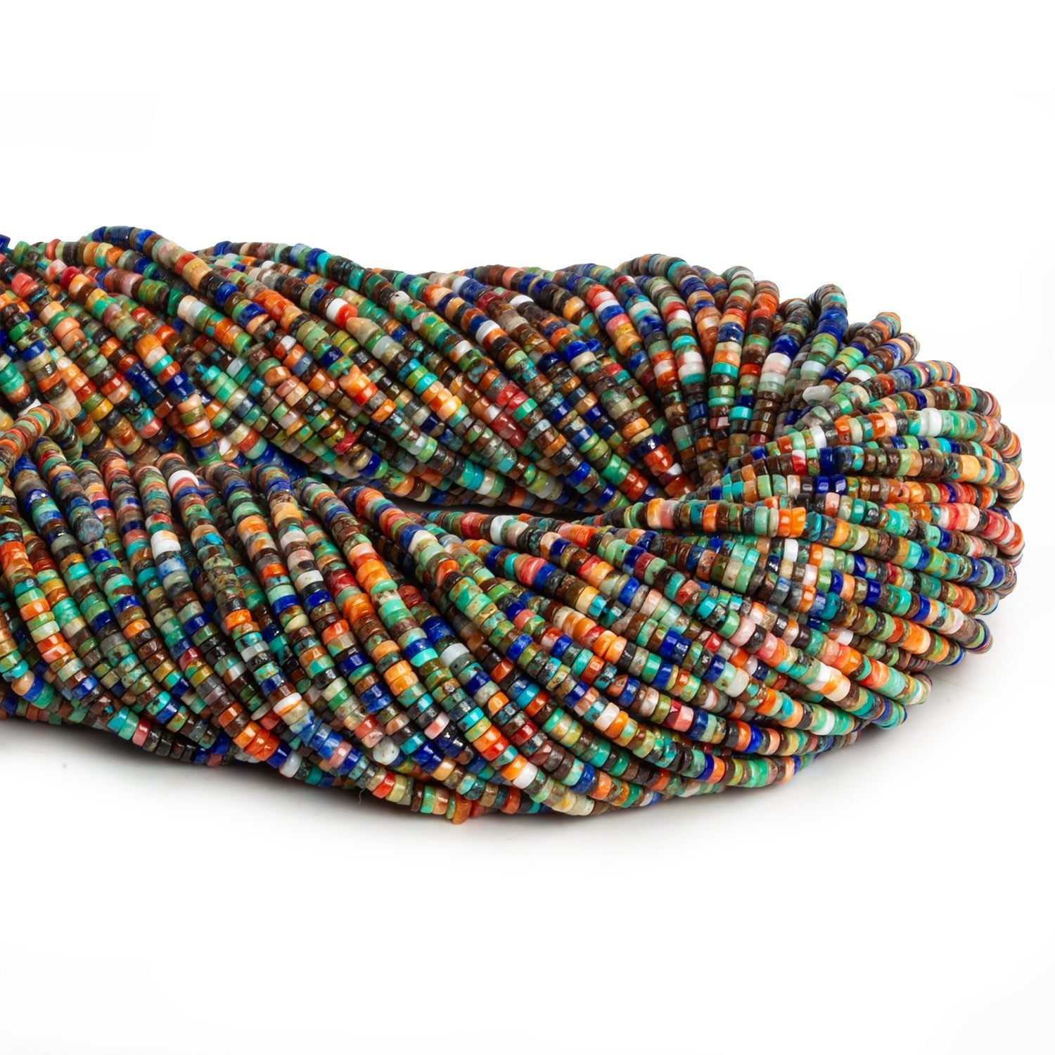 2mm Spiny Oyster, Lapis Lazuli & Turquoise Heishis 15 inch 370 beads - The Bead Traders